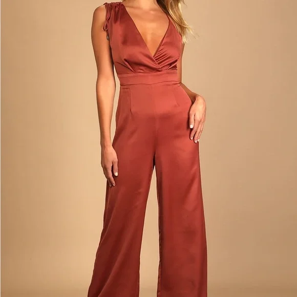 Lulu’s Look of Luxe Rusty Rose Satin Asymmetrical Wide-Leg Jumpsuit - Picture 2 of 7